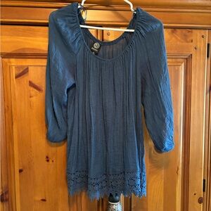 Bobeau Navy Blouse with Lace Hem